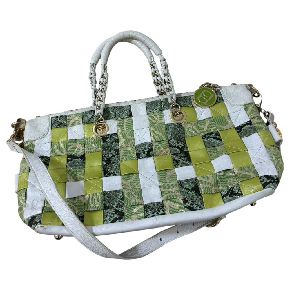 Y2K 2000s bebe Patchwork Woven Shoulder Bag Green Checkered Snakeskin Purse